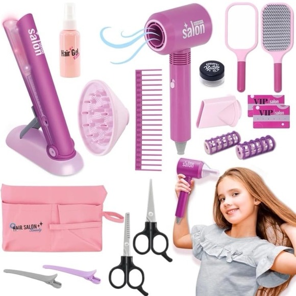 16 PCS Girls Beauty Hair Salon Toy Kit with Hairdryer, Straightener & Styling Ac - Picture 1 of 11